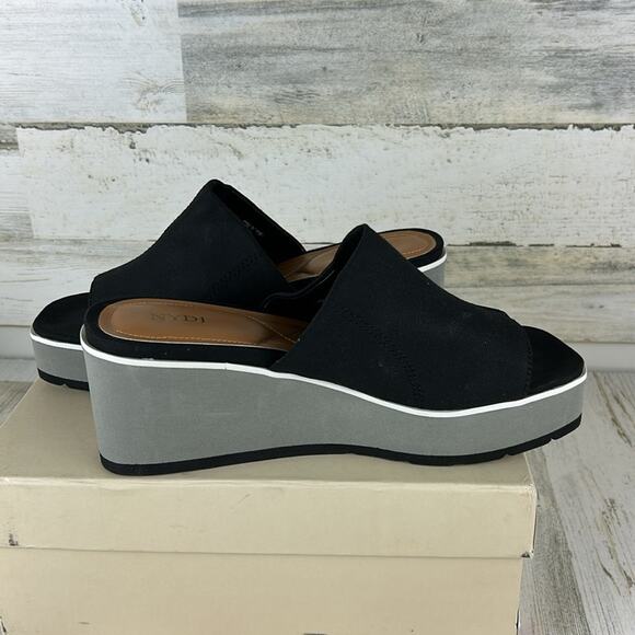 NYDJ Womens 8.5 Rysa Black Canvas Gray Fabric Platform Wedge Sandals Slip-On new - Picture 7 of 10